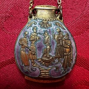 Amazing Details Vintage Brass and Blue Enamel Pendant Necklace